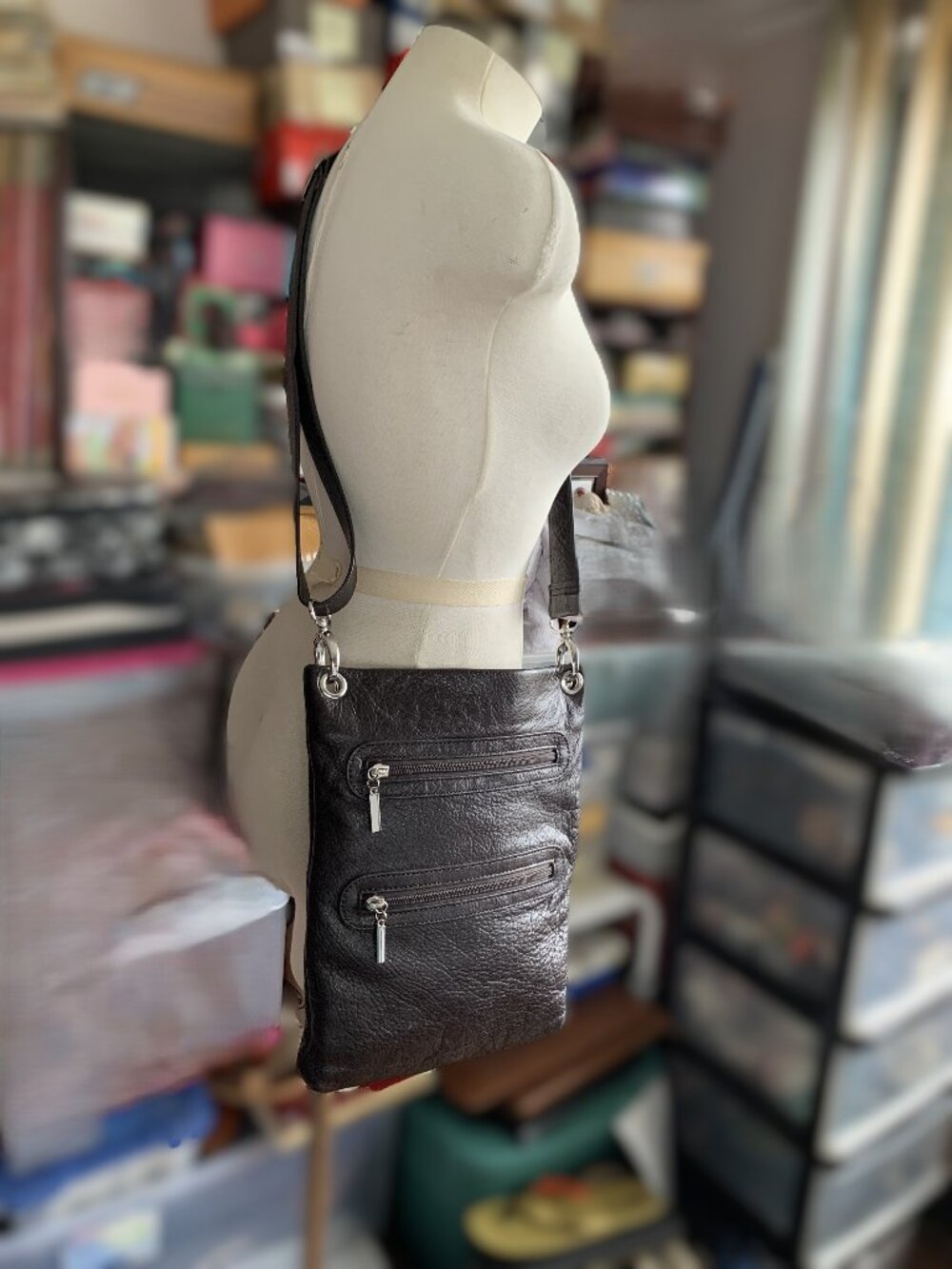 Margot Soft Leather Double Zip Crossbody Bag (Brown)